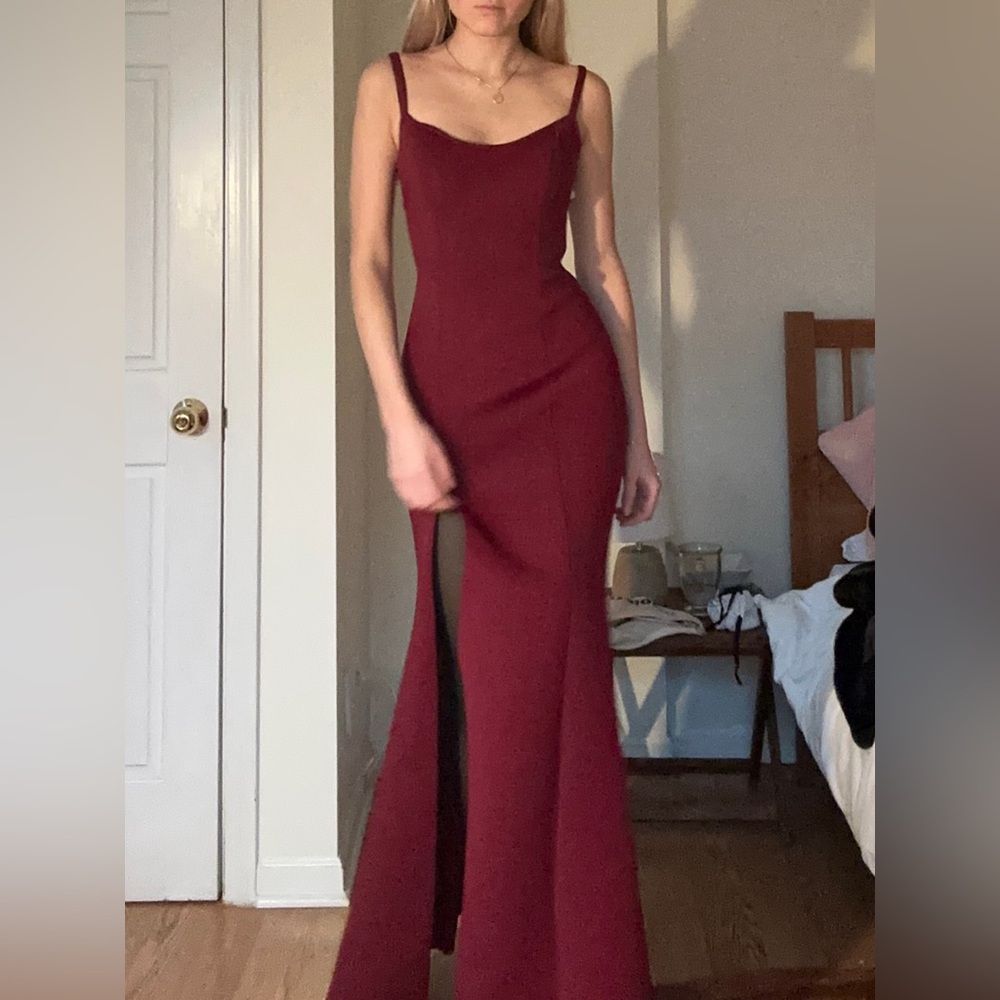Jovani Burgundy Open Back Prom Dress